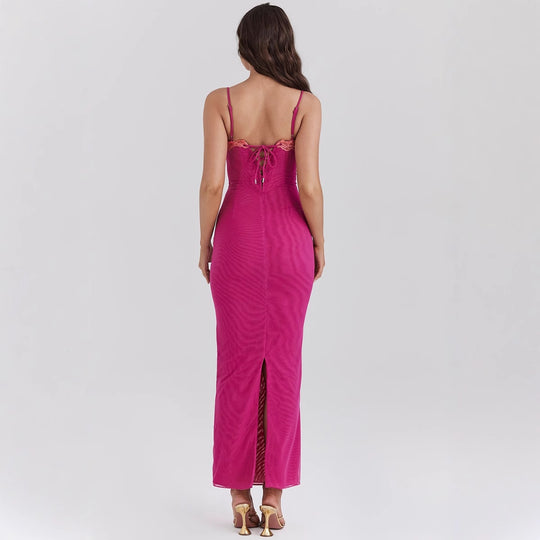 Damen figurbetontes Maxikleid mit transparentem Saum und romantischem Spitzenakzent R&B
