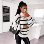Damen gestreifter Oversized-Pullover mit modischem Rollkragen R&B