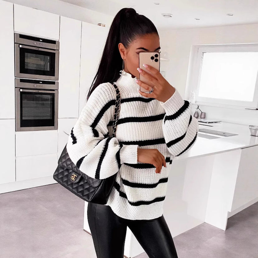 Damen gestreifter Oversized-Pullover mit modischem Rollkragen R&B