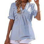 Damen elegantes Sommeroberteil mit Rüschendetails und V-Ausschnitt R&B