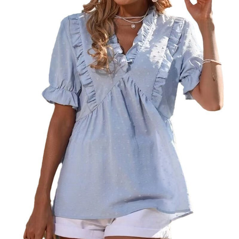 Damen elegantes Sommeroberteil mit Rüschendetails und V-Ausschnitt R&B