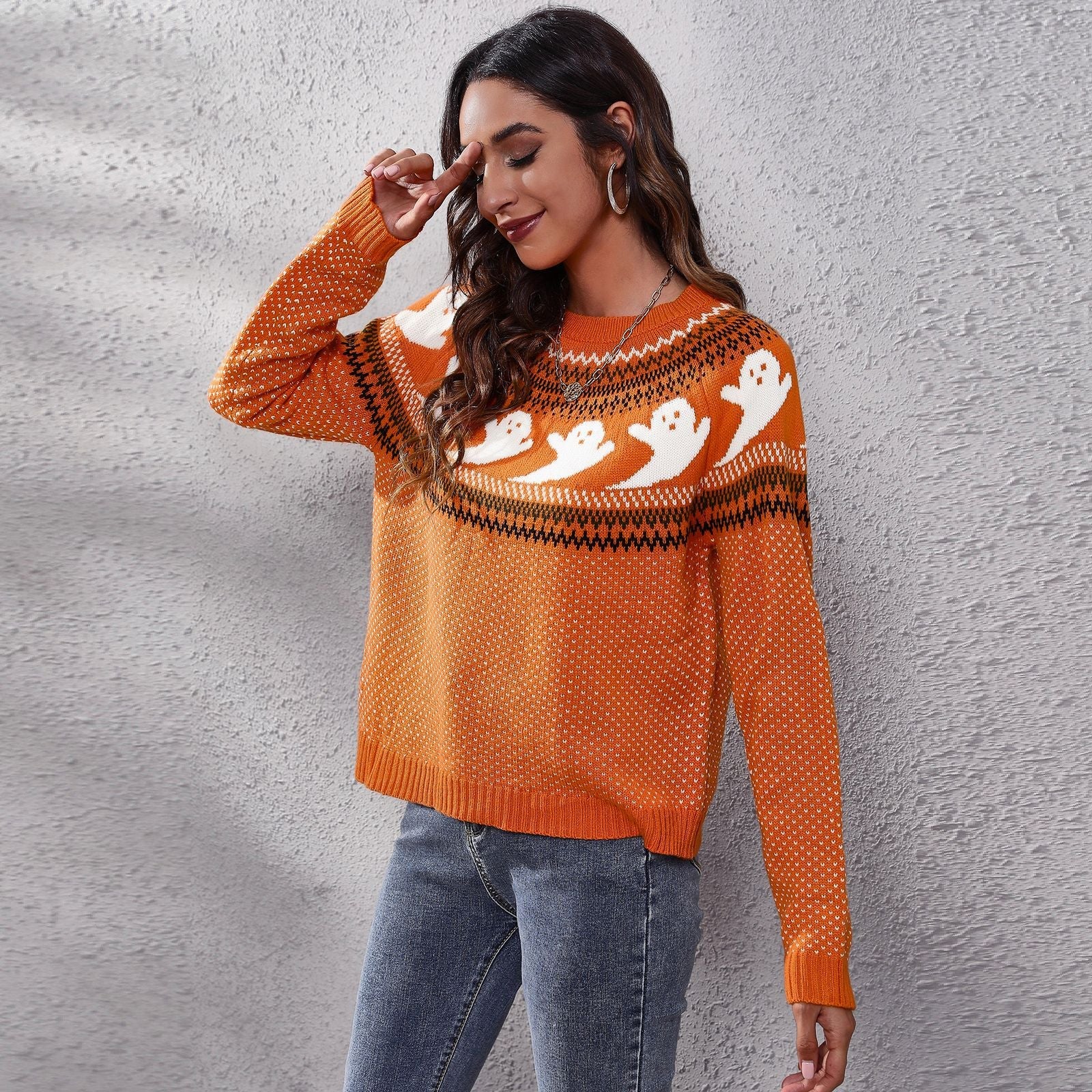 Damen Strickpullover mit gruseligem Geister-Motiv R&B
