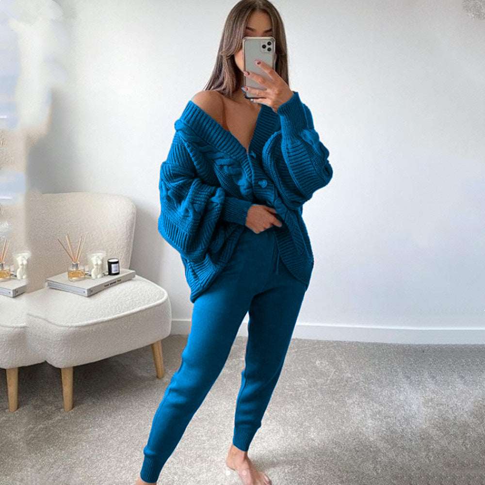 Damen Grobstrickjacke mit V-Ausschnitt und Knöpfen R&B