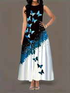Damen Maxikleid mit buntem Schmetterlingsdruck und fließendem Saum