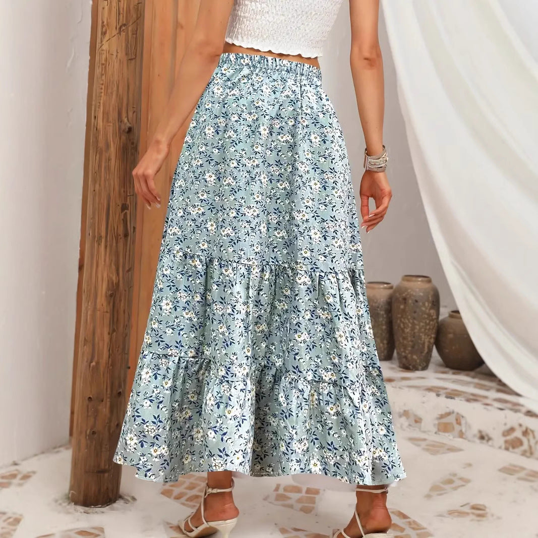 Damen Langer Blütenmuster Rock mit hoher Taille und Rüschensaum R&B