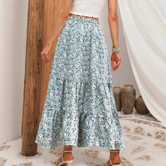 Damen Langer Blütenmuster Rock mit hoher Taille und Rüschensaum R&B