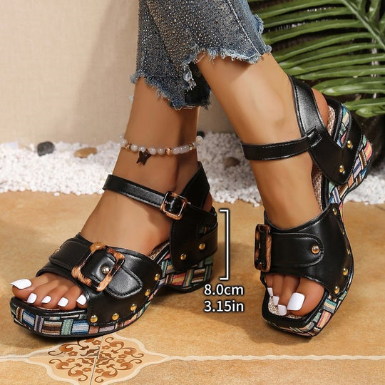 Damen Plateau-Sandalen mit modischem Animal-Print und verstellbarem Riemen R&B