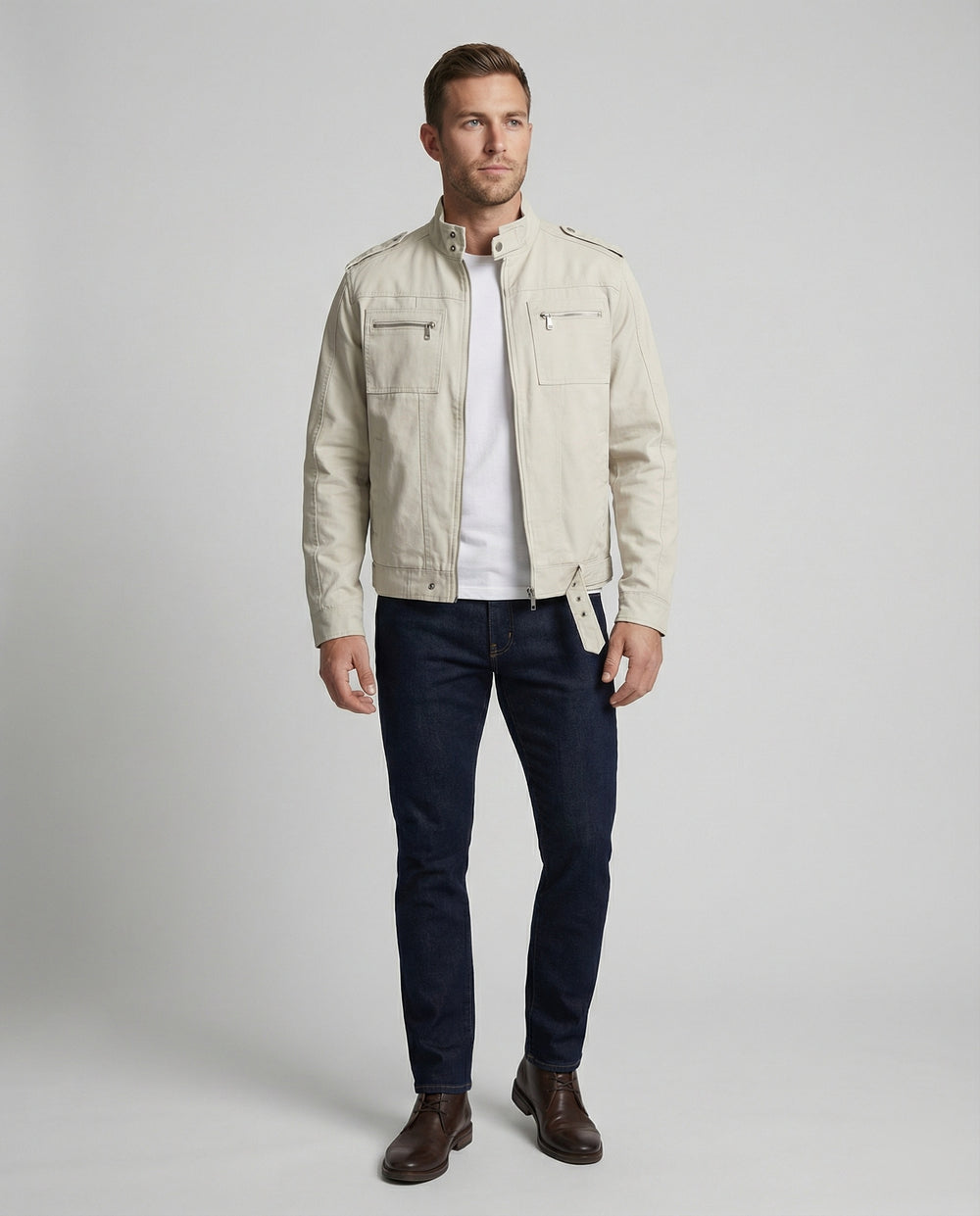 Herren weit geschnittene Kunstlederjacke mit Stehkragen und Brustreißverschlüssen R&B