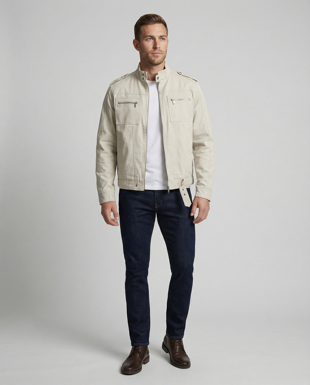 Herren weit geschnittene Kunstlederjacke mit Stehkragen und Brustreißverschlüssen R&B