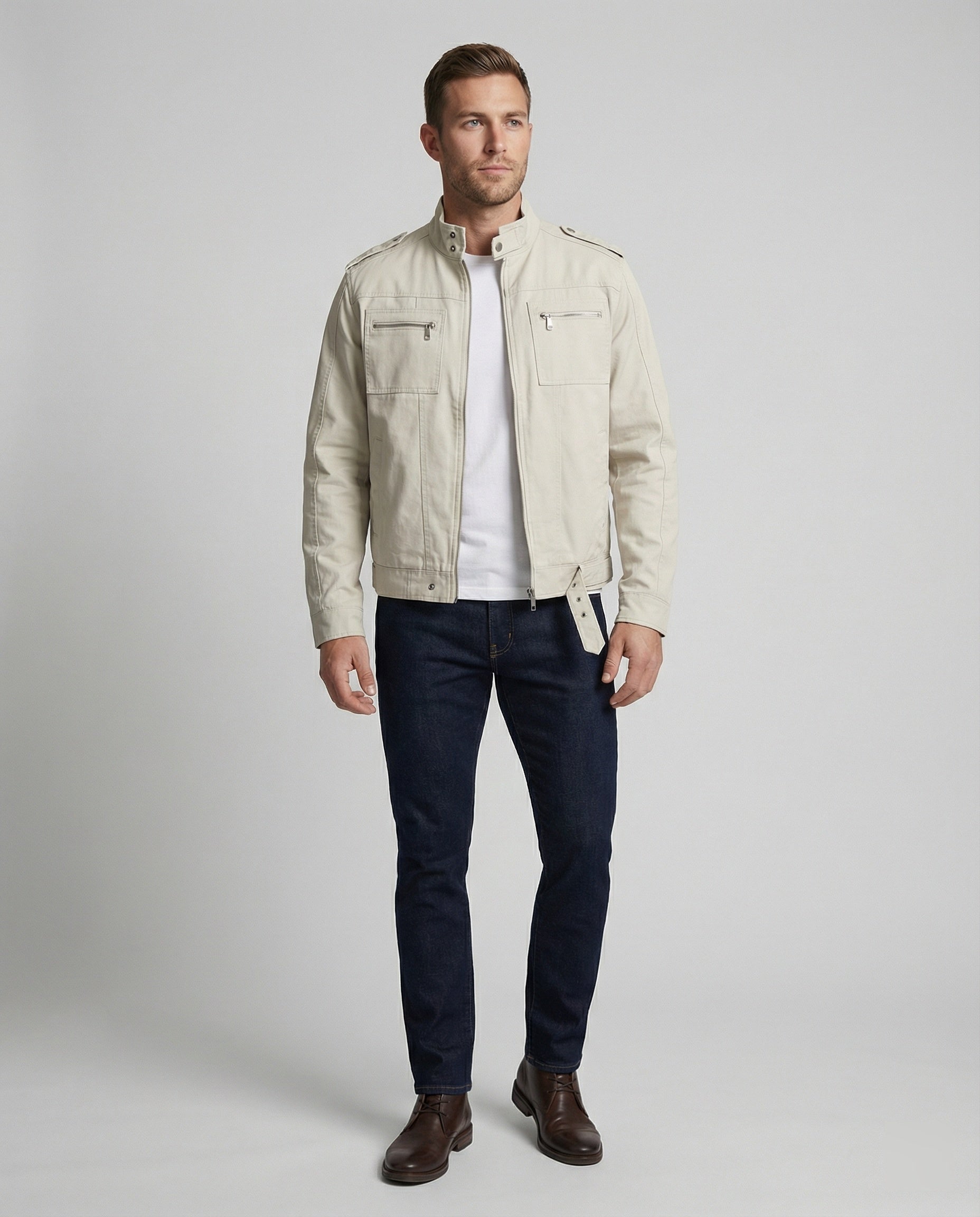 Herren weit geschnittene Kunstlederjacke mit Stehkragen und Brustreißverschlüssen R&B