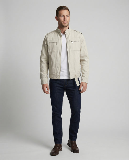 Herren weit geschnittene Kunstlederjacke mit Stehkragen und Brustreißverschlüssen R&B