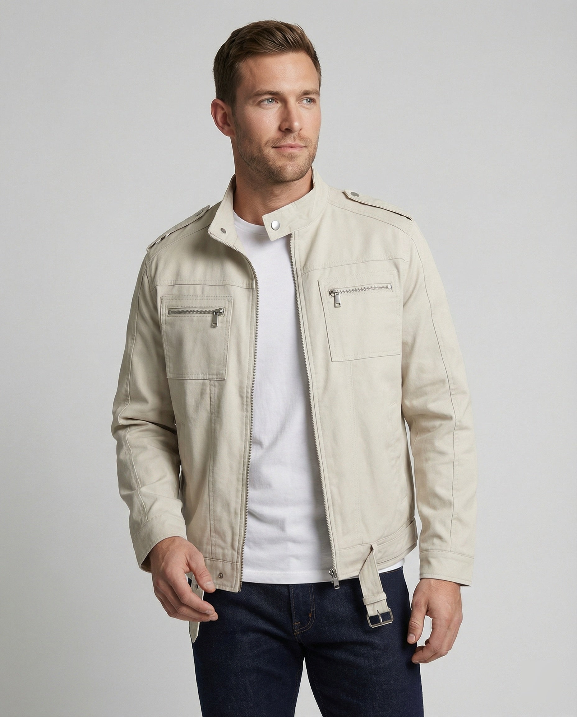 Herren weit geschnittene Kunstlederjacke mit Stehkragen und Brustreißverschlüssen R&B