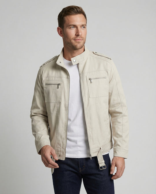 Herren weit geschnittene Kunstlederjacke mit Stehkragen und Brustreißverschlüssen R&B