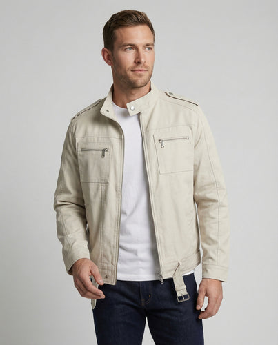 Herren weit geschnittene Kunstlederjacke mit Stehkragen und Brustreißverschlüssen R&B