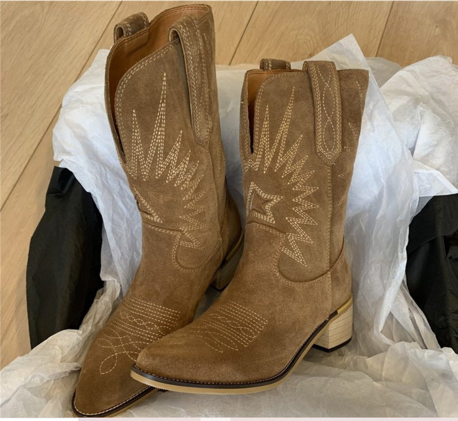 Damen nan Wildleder Westernstiefel mit spitzer Kappe und mittelhohem Blockabsatz R&B