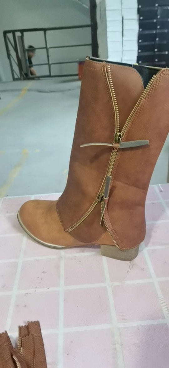 Damen lässige Stiefel mit doppeltem Reißverschluss und modischem Design R&B