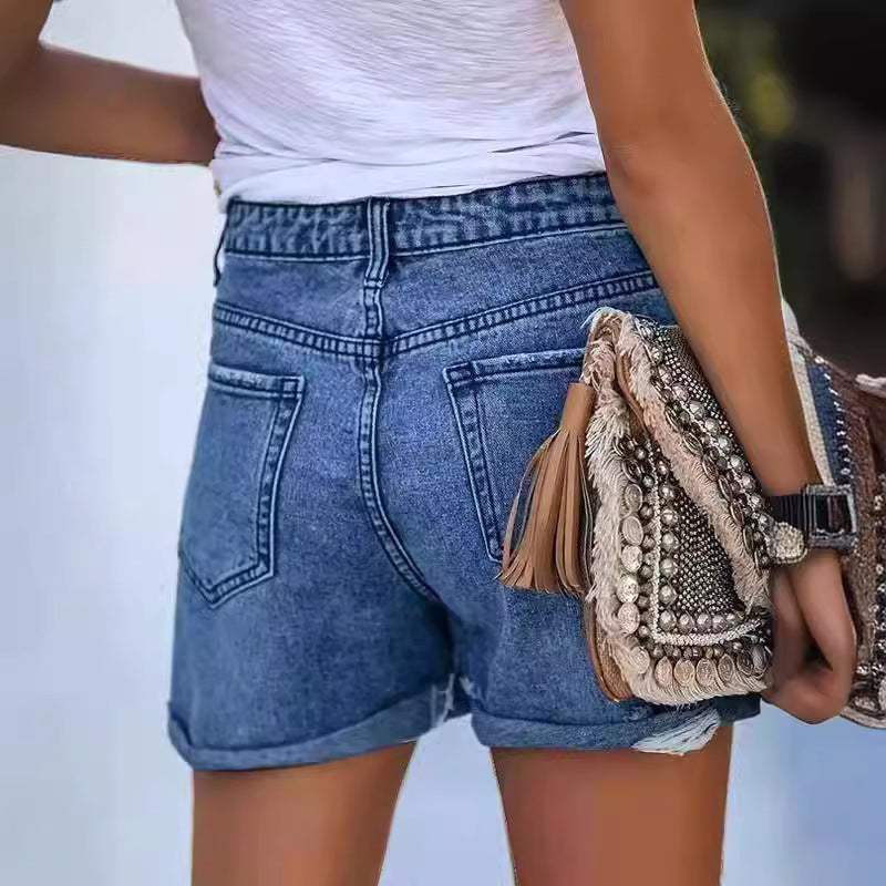 Damen Sommerliche Destroyed Jeansshorts mit umgeschlagenem Saum R&B