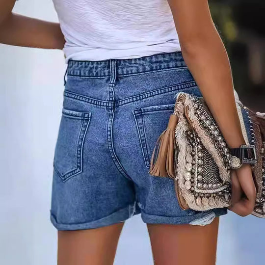Damen Sommerliche Destroyed Jeansshorts mit umgeschlagenem Saum R&B