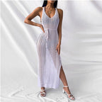 Damen gehäkeltes Maxikleid mit tiefem V-Ausschnitt und seitlichem Schlitz R&B