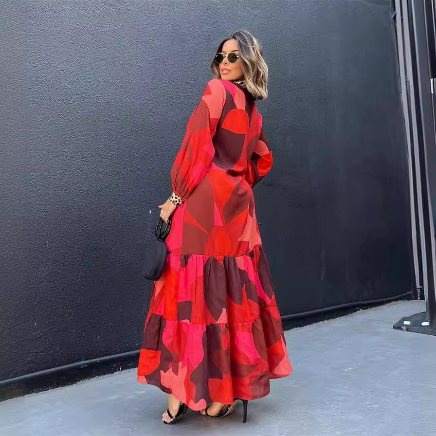 Damen Maxikleid mit Tiermuster und voluminösen Ärmeln R&B