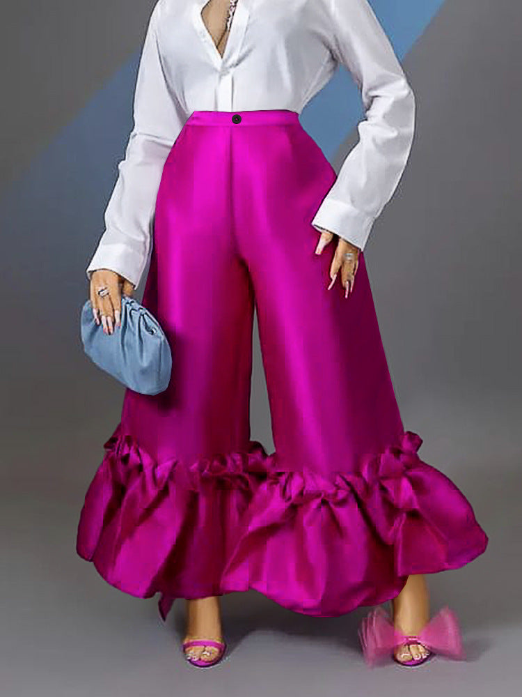 Damen elegante weite Hose mit voluminösem Rüschenabschluss R&B