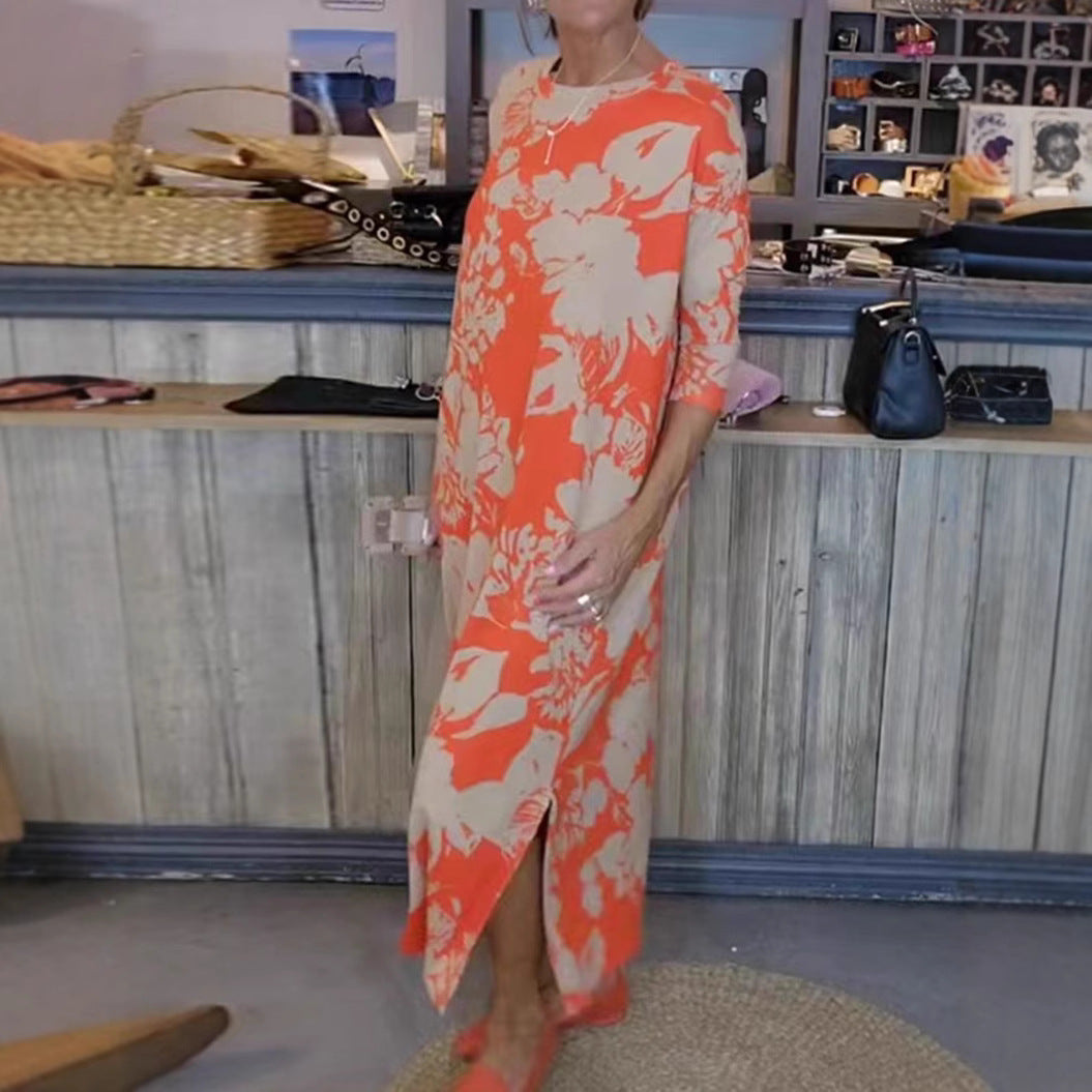 Damen nan fließendes A-Linien-Maxikleid mit Dreiviertelärmeln Rundhalsausschnitt Seitenschlitz und Eingrifftaschen R&B