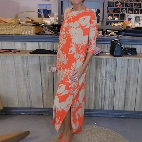 Damen nan fließendes A-Linien-Maxikleid mit Dreiviertelärmeln Rundhalsausschnitt Seitenschlitz und Eingrifftaschen R&B