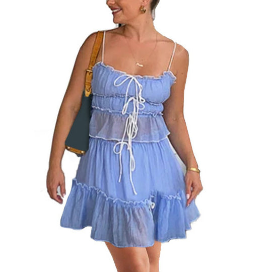 Damen luftiges Wickelkleid mit Rüschendetails und Kontrastbändern R&B
