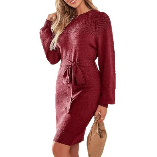 Damen Strickkleid mit Taillengürtel und langen Ärmeln R&B