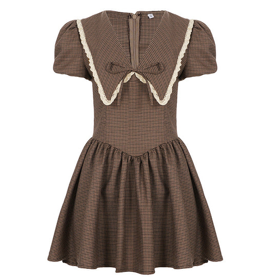 Damen Vintage-Kleid mit Puffärmeln und Spitzenkragen R&B