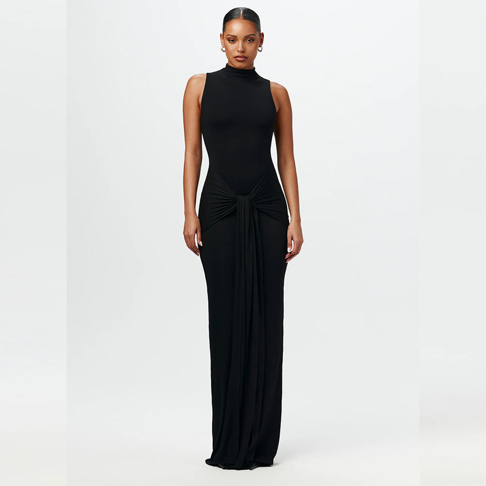 Damen Elegantes Maxikleid mit hochgeschlossenem Kragen und Drapierung R&B