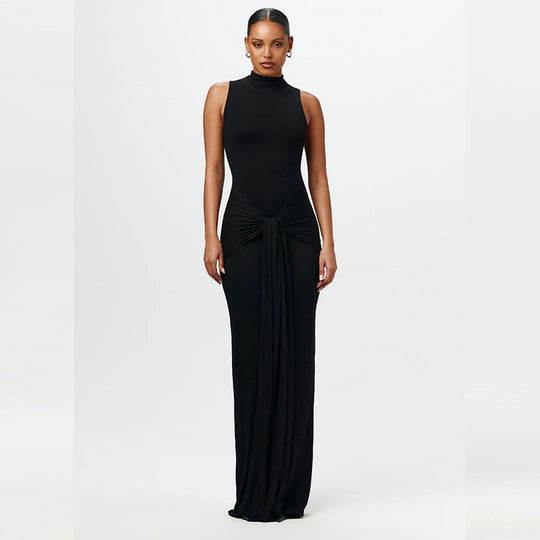 Damen Elegantes Maxikleid mit hochgeschlossenem Kragen und Drapierung R&B