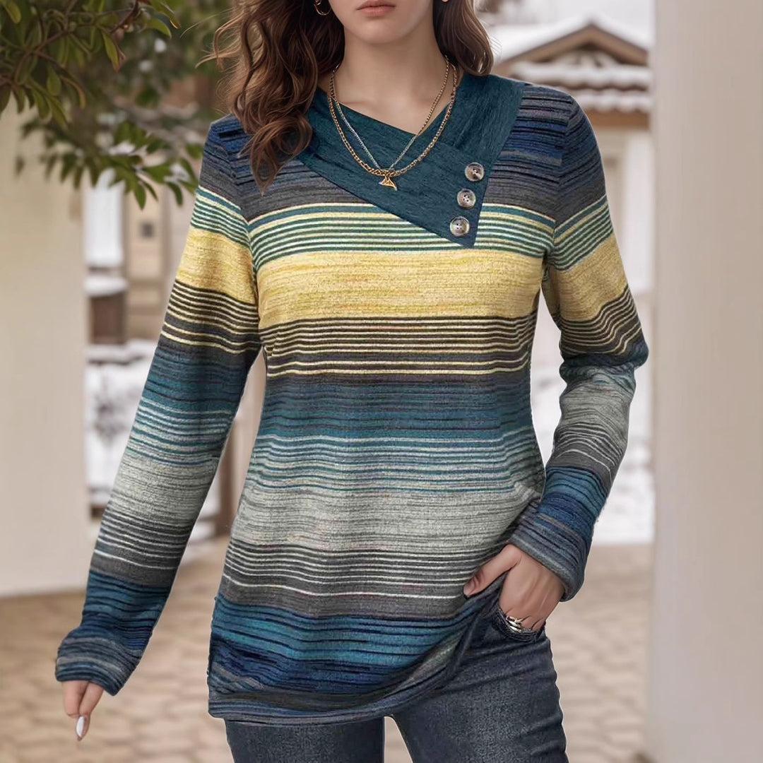 Damen elegantes Langarmshirt mit modernem Streifenmuster und Knopfdetails R&B
