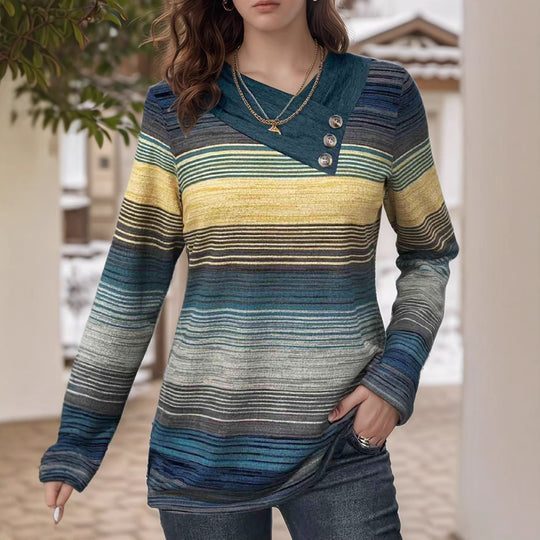 Damen elegantes Langarmshirt mit modernem Streifenmuster und Knopfdetails R&B