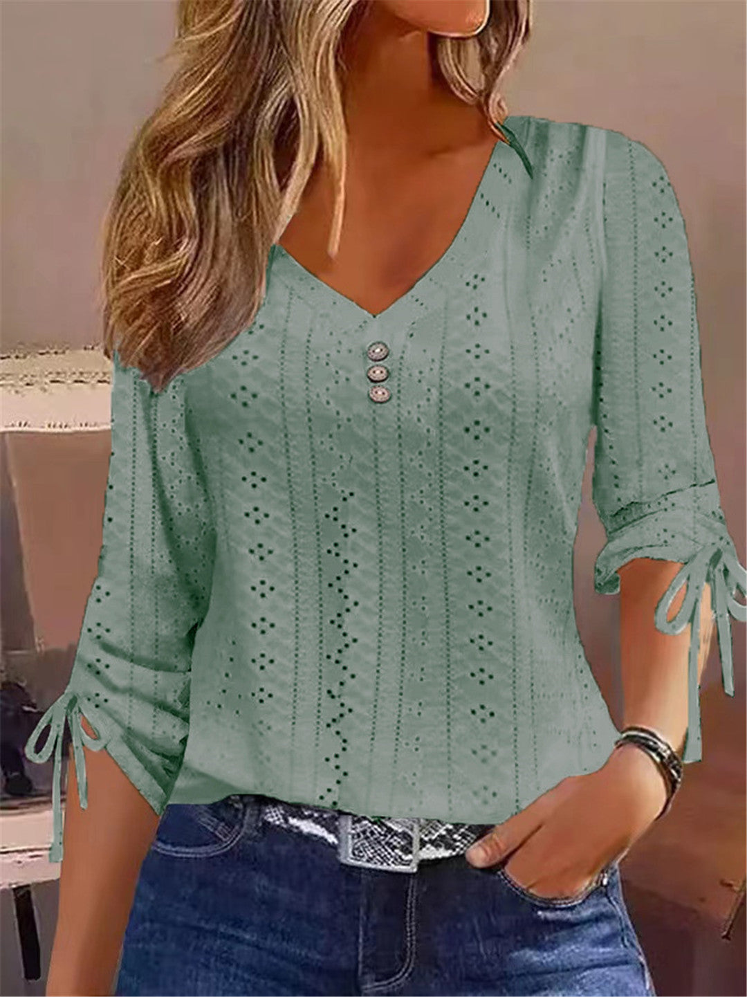 Damen V-Ausschnitt Bluse mit Raffdetails R&B