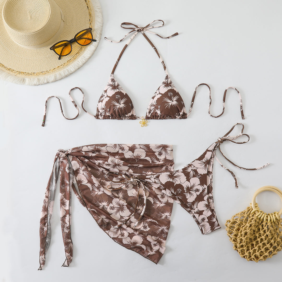 Damen Triangel-Bikini-Set mit Wickelrock und floralem Design R&B