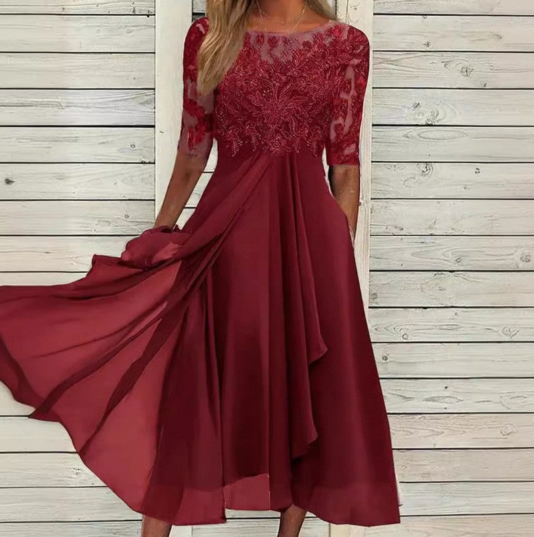 Damen elegantes Cocktailkleid mit floralem Spitzenoberteil und fließendem Rock Heidi-Mode