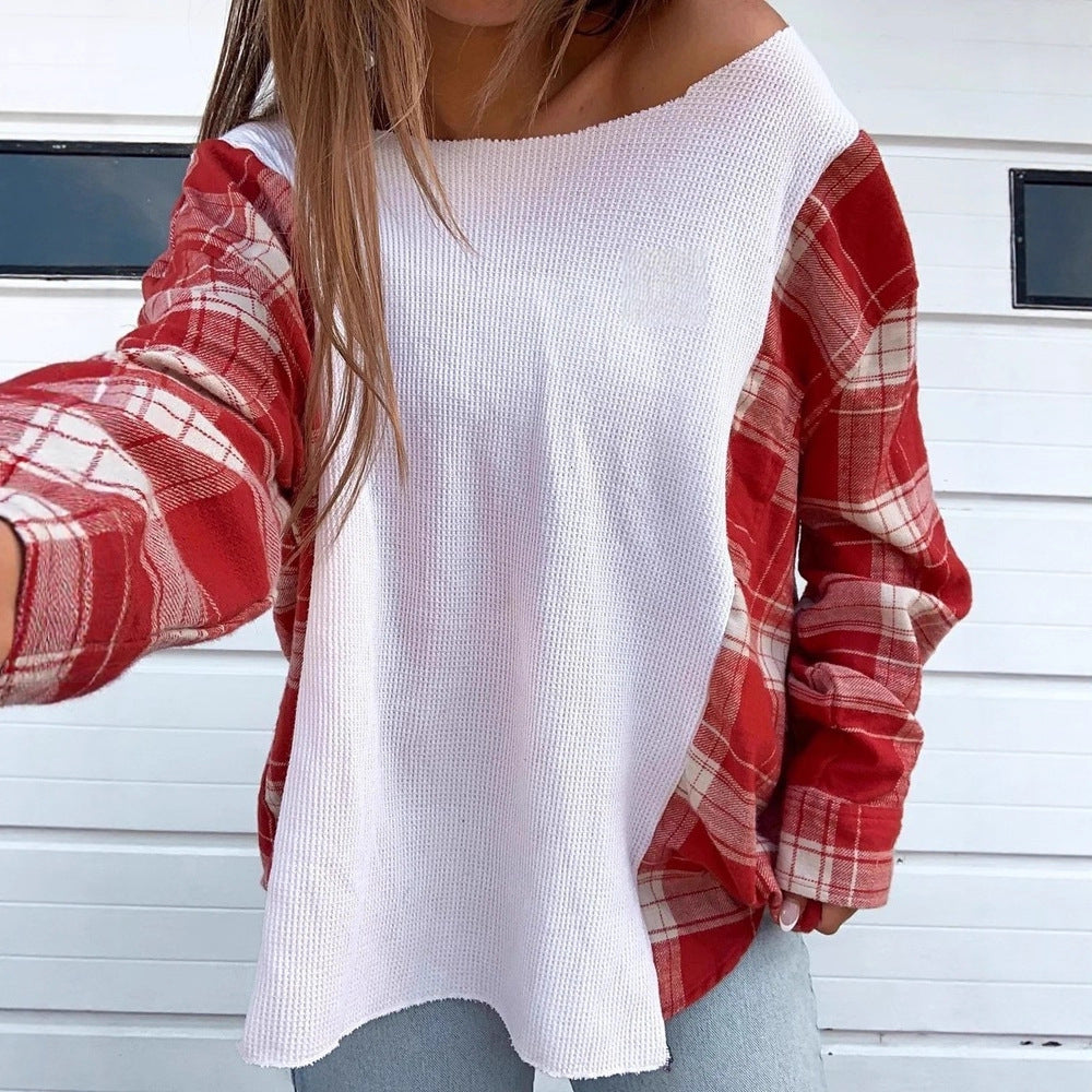 Damen nan Oversize Langarmshirt im Materialmix mit strukturierter Waffelstrick-Front und karierter Ärmelpartie R&B
