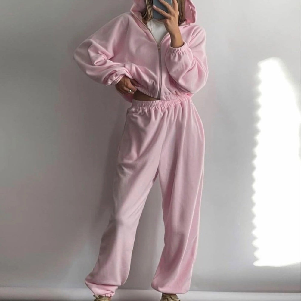 Damen lässiges Fleece-Set mit hohem Stehkragen und enganliegendem Bund R&B