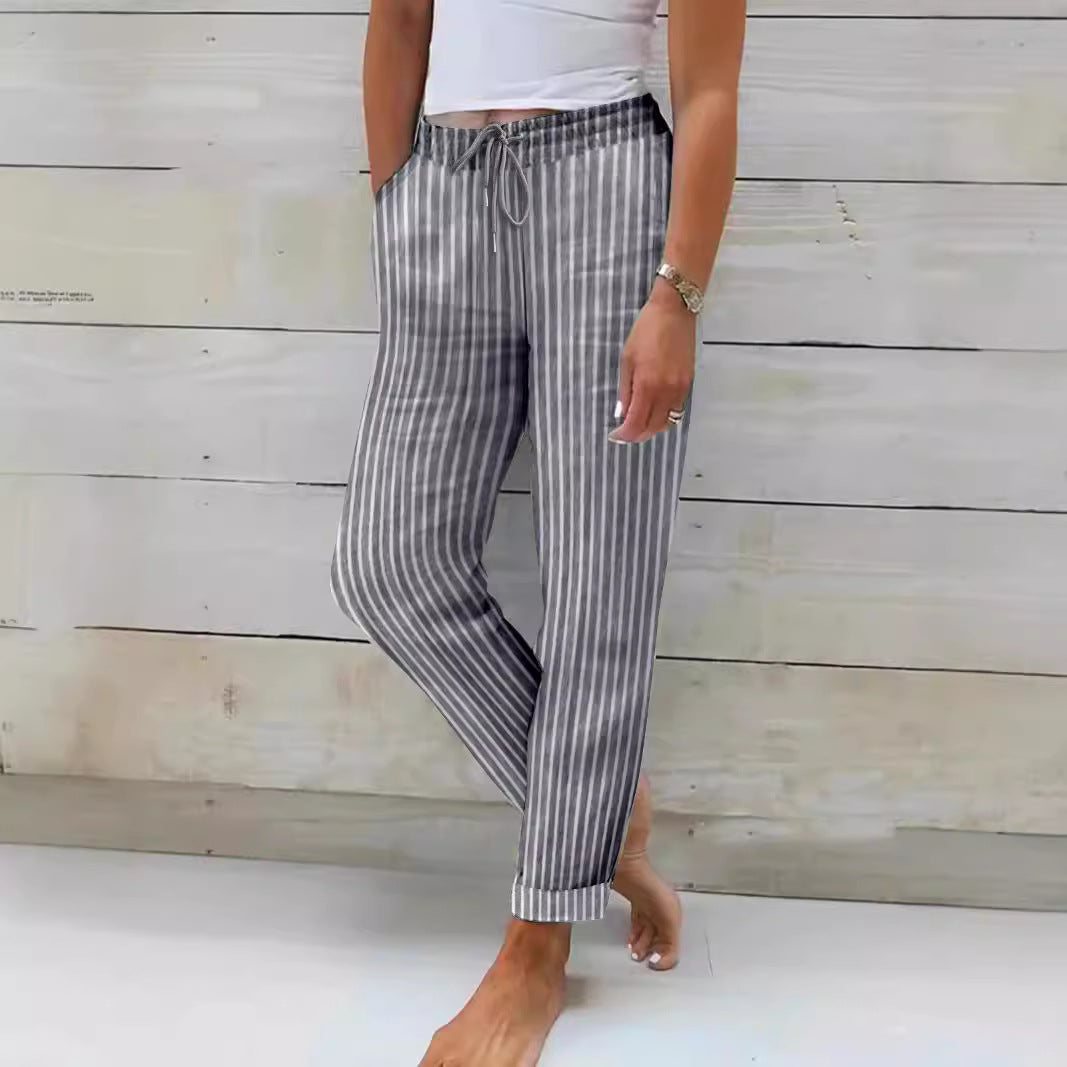 Damen entspannte Baumwoll-Streifenhose mit verstellbarem Bund R&B