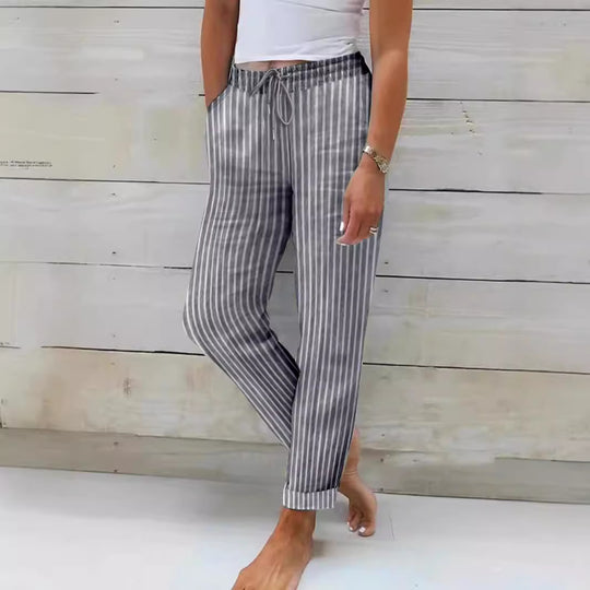 Damen entspannte Baumwoll-Streifenhose mit verstellbarem Bund R&B