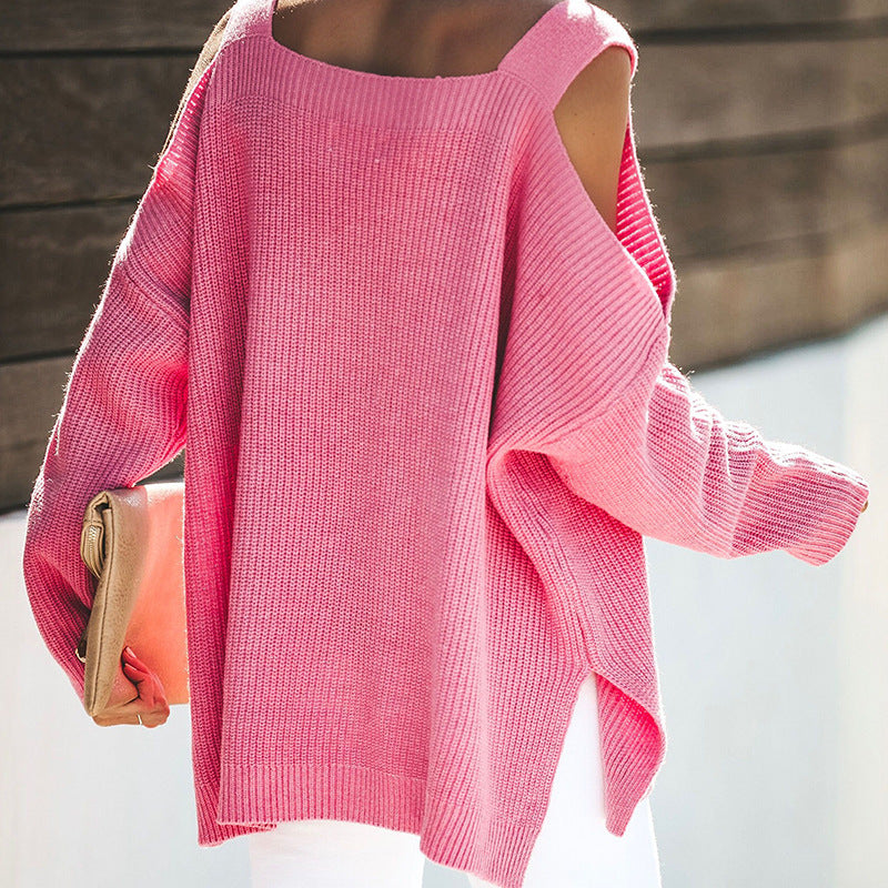Damen lässiger Strickpullover mit offenen Schultern und großzügigem Schnitt R&B
