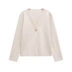 Damen schicke Strickjacke mit elegantem V-Ausschnitt und dekorativem Knopf R&B