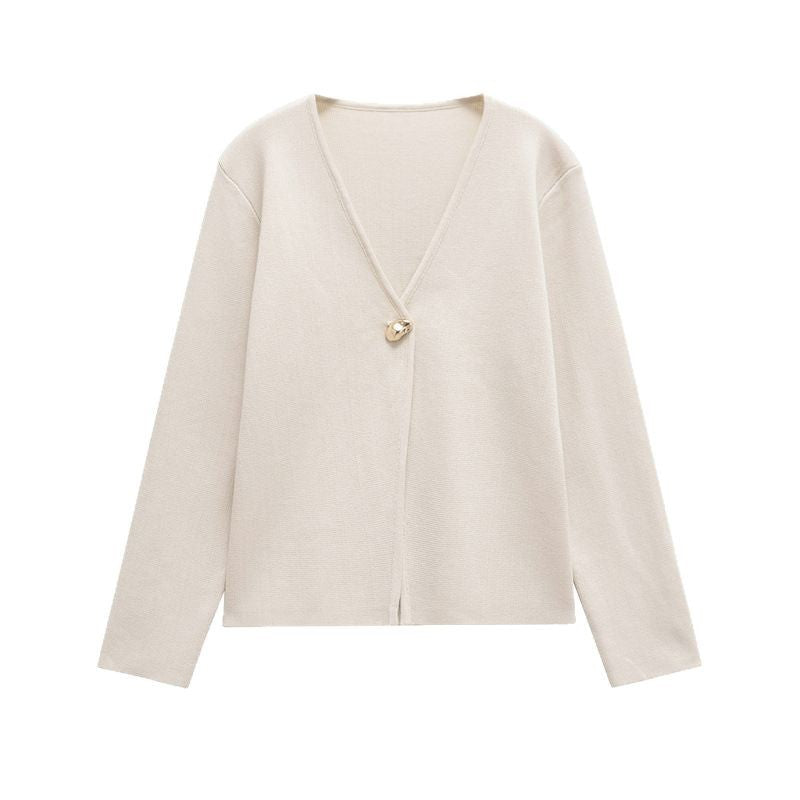 Damen schicke Strickjacke mit elegantem V-Ausschnitt und dekorativem Knopf R&B