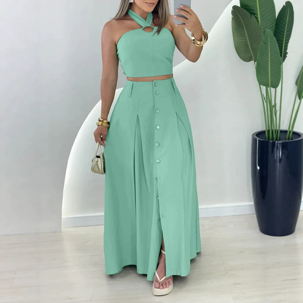 Damen elegantes Crop-Top und Maxirock-Set mit Knopfleiste und Schlitz R&B