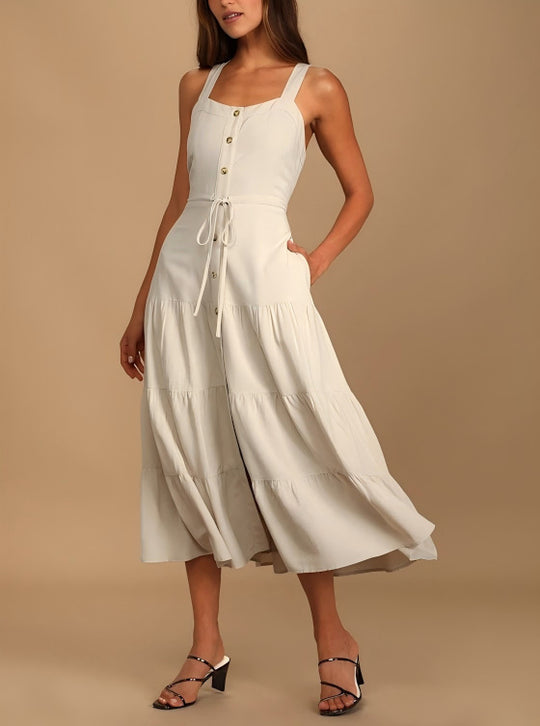 Damen Maxikleid mit nostalgischem Knopfverschluss und verstellbaren Trägern R&B