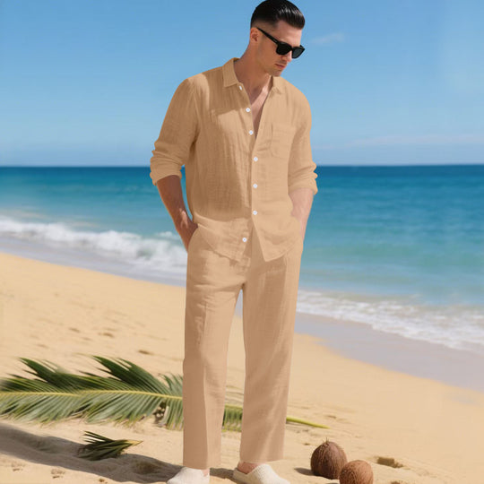 Herren leichtes Leinen-Outfit mit stilvollem Hemd und eleganter Hose R&B