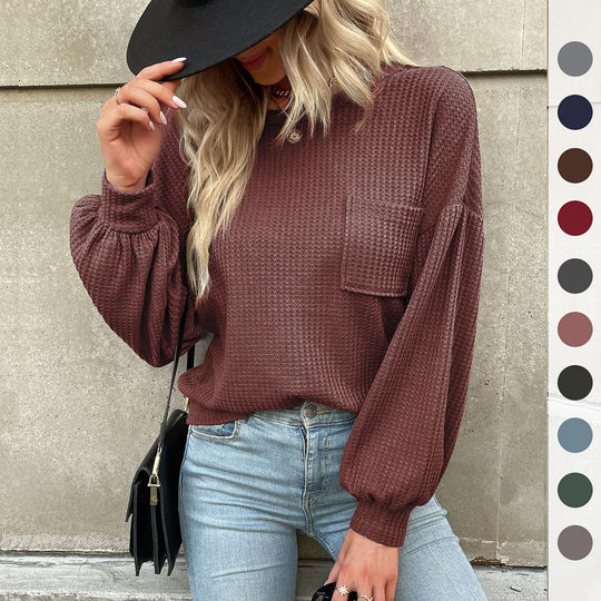 Damen lässiges Strickoberteil mit Puffärmeln und feinem Strukturmuster R&B