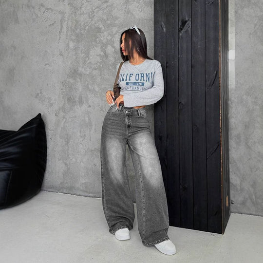 Damen Weite Jeans mit tiefem Schritt und angesagtem Used-Look R&B
