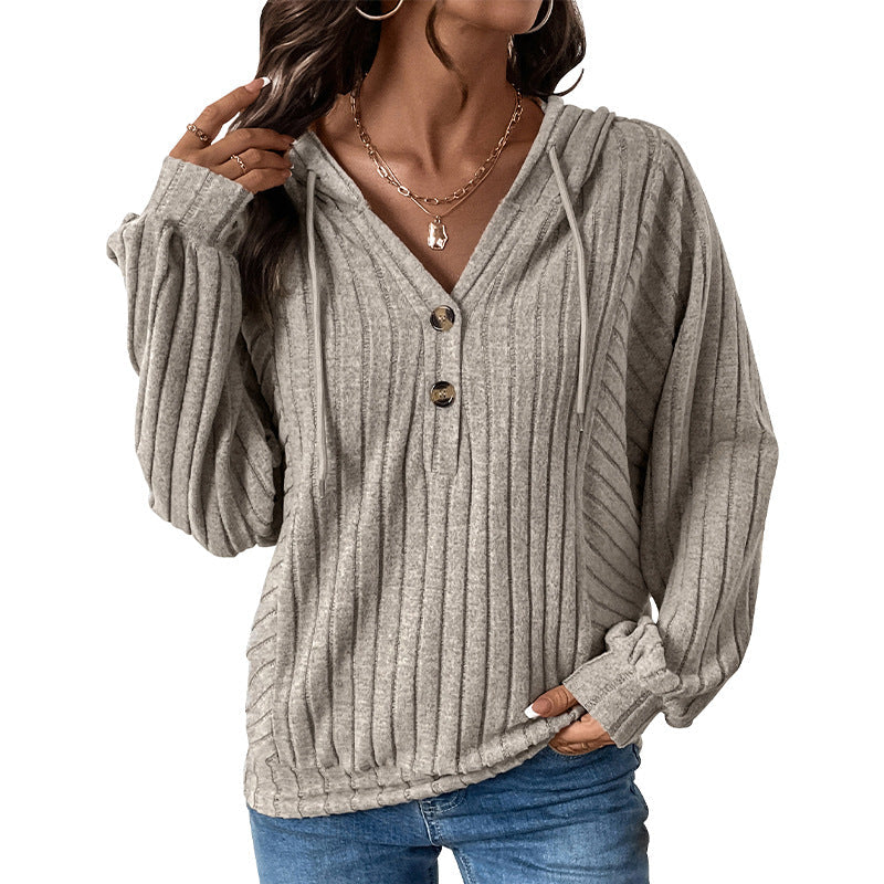 Damen Strickpullover mit Kapuze und Knopfdetail R&B